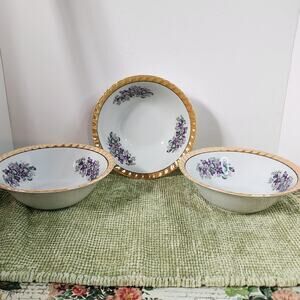 Set of 3 Yamatsu Japan Orange Rim Bowls Purple Floral 7" Vintage Porcelain mcm